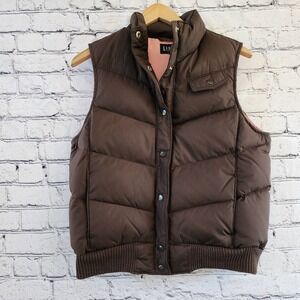 Gap Womens Brown Puffer Vest Quilted Snap Front Pink Lining Sleeveless Jacket
